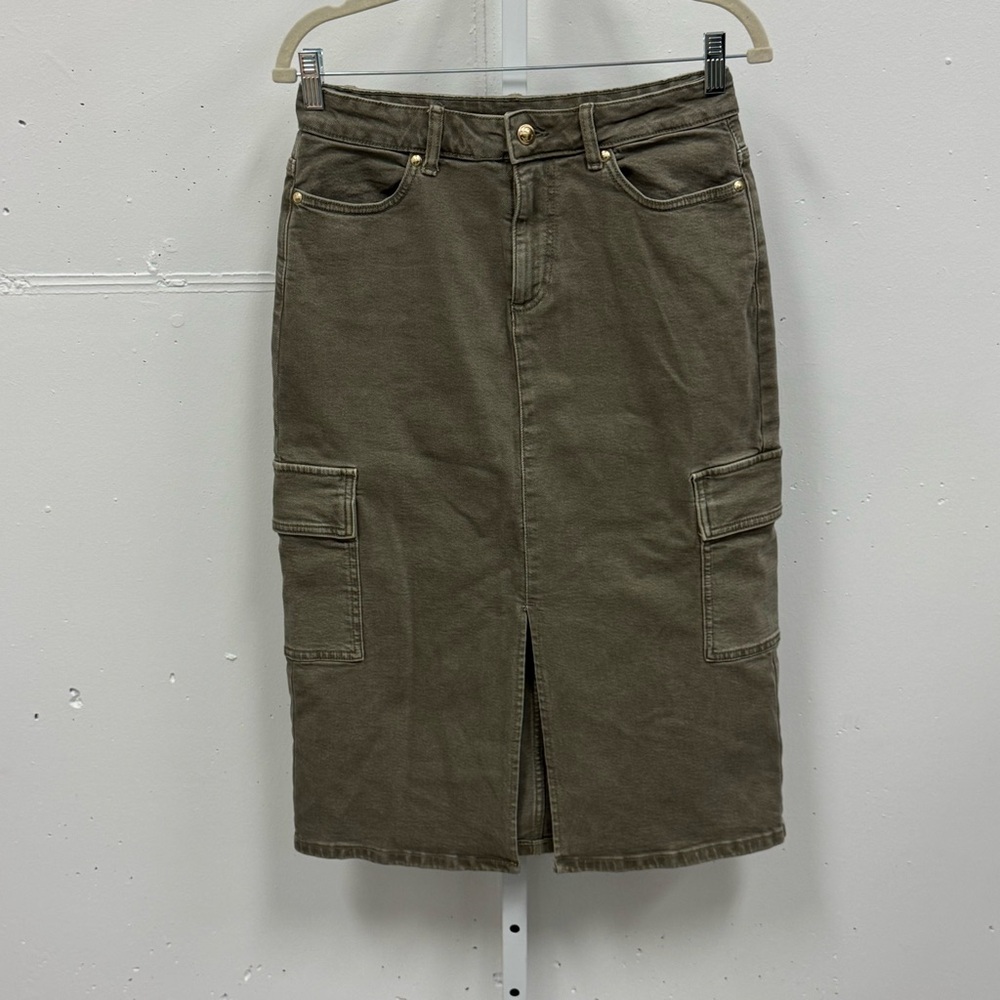 Michael Kors Cargo Style Front Slit Midi Calf Length Skirt Stretch Sz 4 Olive Gr